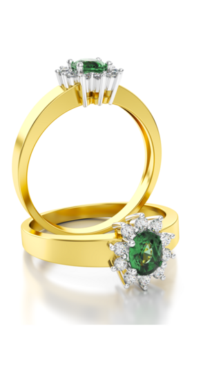 Aanzoeks verlovingsring 14 karaat geelgoud met emerald en diamanten model 06