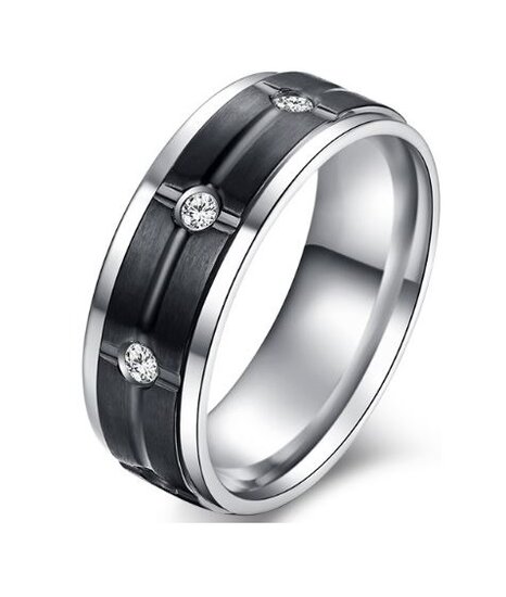 Ring titanium zwart &amp; zilver zirkonia model 28