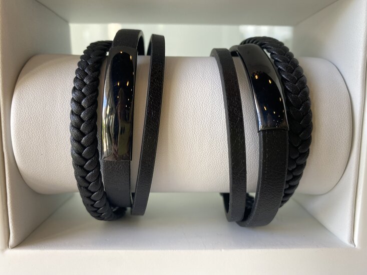 Leren armband bohemian zwart &amp; sluiting zwart model BY
